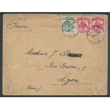 Gilbert and Ellice Islands 1912 Cover to France bearing 1911 1/2d and 1d pair cancelled by three st