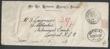 Gilbert & Ellice Islands / Australia - P.O.W. Mail 1918 (May 1) Long stampless cover (light folds, r
