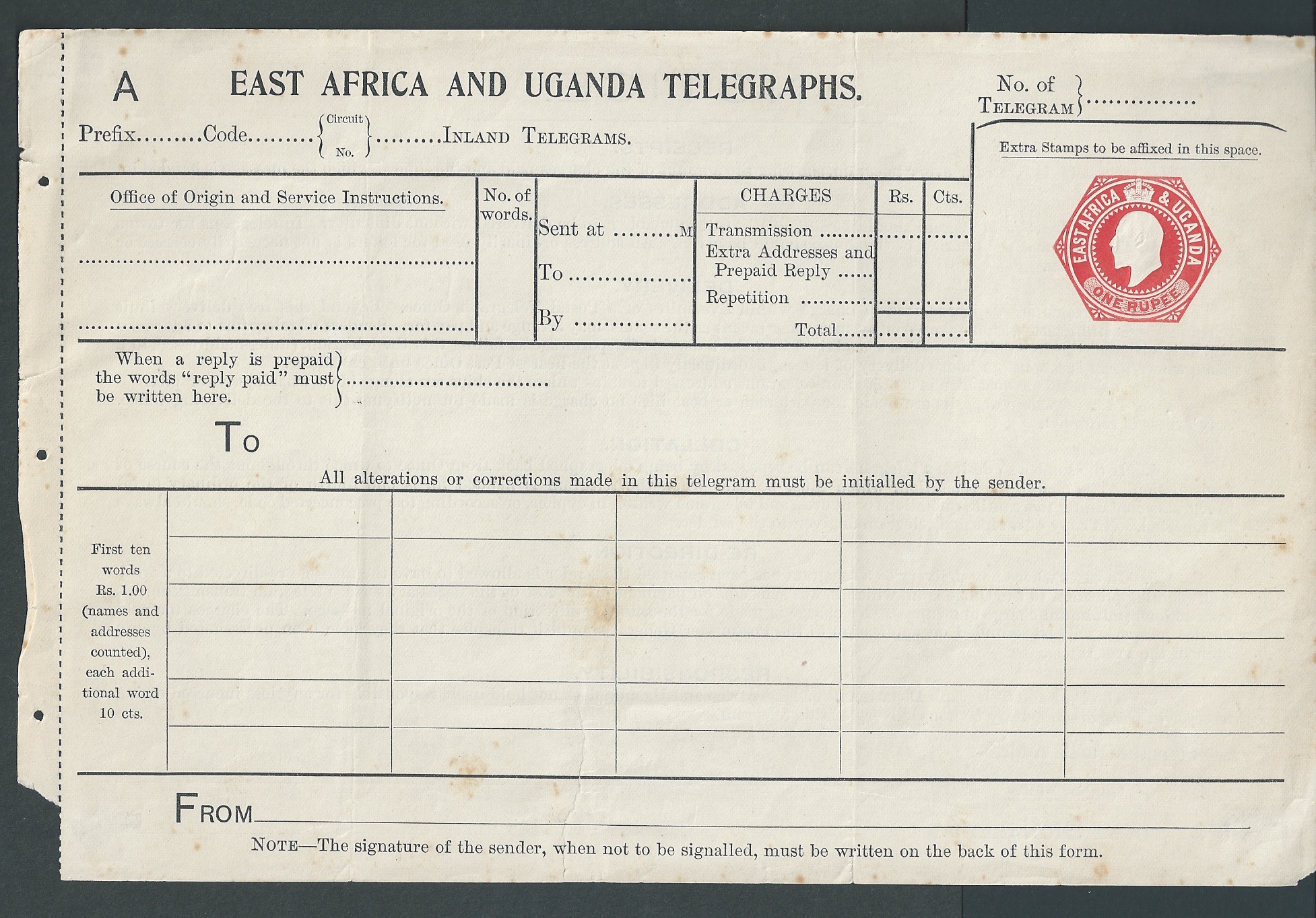 British East Africa c.1902 East Africa and Uganda Telegraphs Form with King Edward VII 1R postal ...