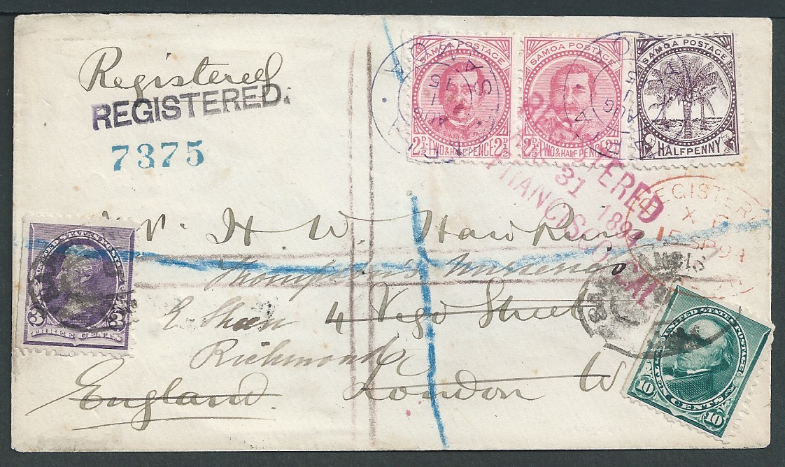 Samoa / USA 1894 Registered cover from Apia to London franked by Samoa 1886-94 1/2d and 2.1/2d pair