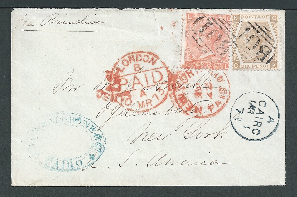 Egypt / G.B. Used Abroad 1873 Cover from Cario to New York with GB 4d vermilion plate 12 and 6d pale