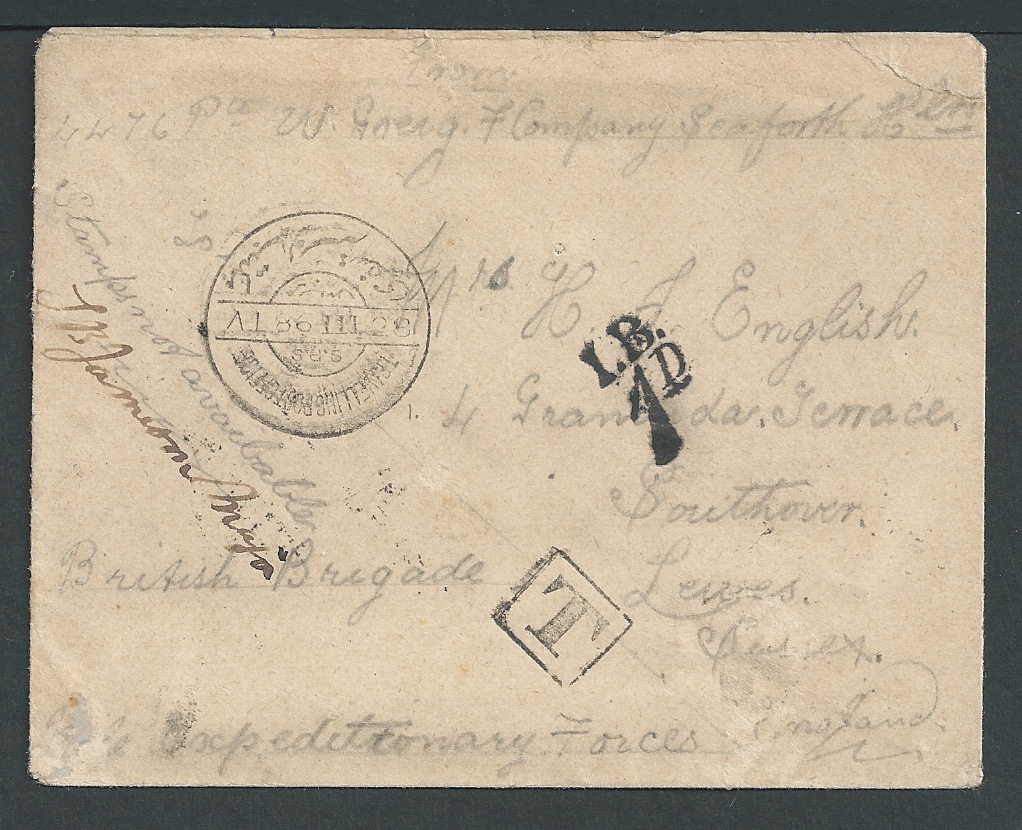 Sudan 1898 Stampless cover (opened out) from the Sudan to England sent by a soldier at the 1d conces