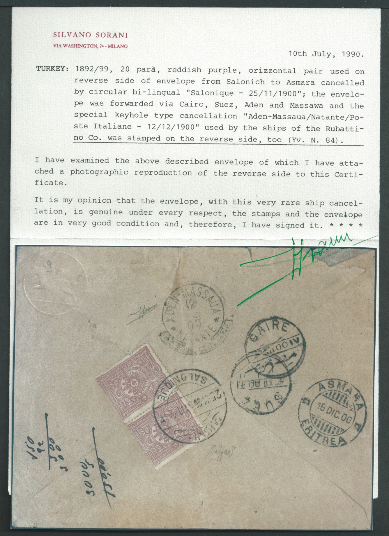 Aden / Eritrea / Levant 1900.Cover from Salonica to Asmara franked Turkey 20pa pair cancelled by ... - Image 3 of 4