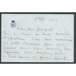 Portugal 1929 Charming Christmas card in French from King Manuel II of Portugal to his banker Mr. Gr