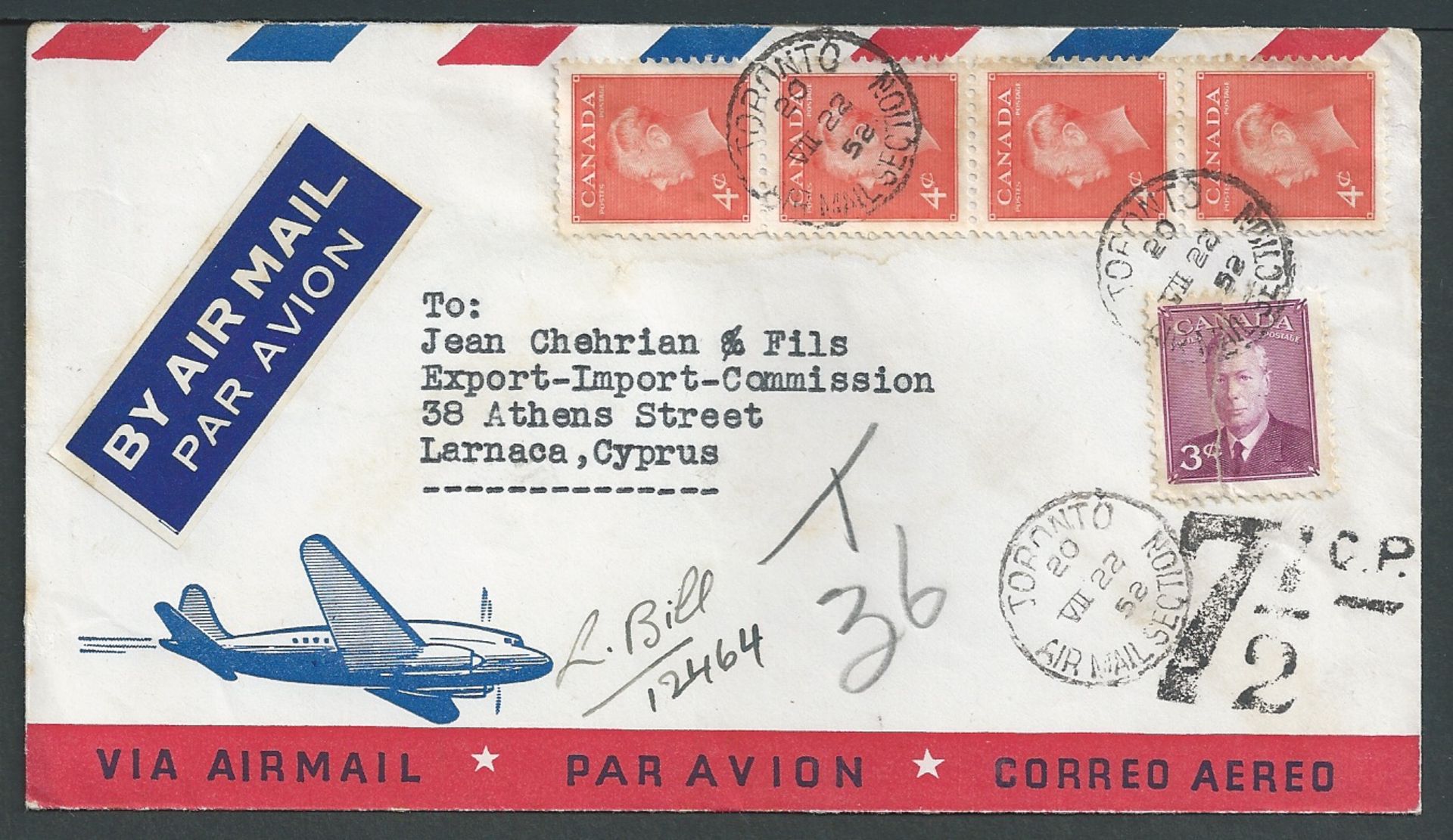 Cyprus 1952 Air mail cover from Canada to Larnaca franked 19c, marked "T36" and handstamped with ver