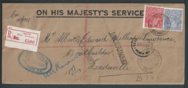 Australia 1927 Registered O.H.M.S. cover from the Office of Titles at Perth, handstamped "UNCLAIM...