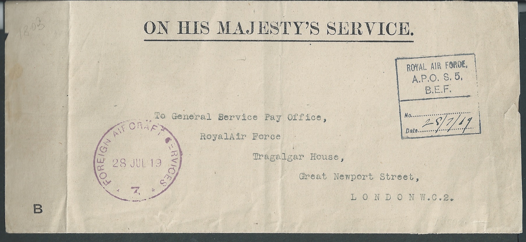 G.B. - Air Mails / World War One / France 1919 (July 28) Stampless O.H.M.S. cover flown by R.A.F., a