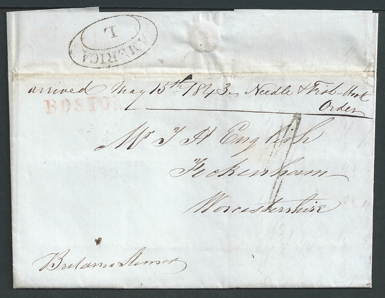 United States - Boston - British 1843 (Apr 30) Entire Letter from Boston to Worcestershire, charged