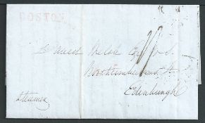 U.S.A. - G.B. - Transatlantic 1843 Entire letter from New York to Edinburgh with scarce red straight