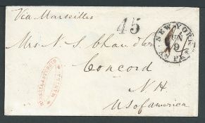 Philippines 1860 Cover (part flap missing) via Hong Kong and Marseilles to New Hampshire, U.S.A., wi