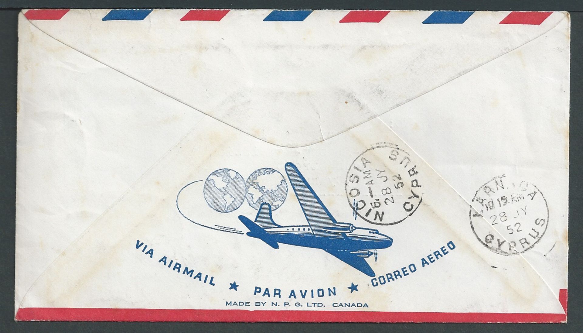 Cyprus 1952 Air mail cover from Canada to Larnaca franked 19c, marked "T36" and handstamped with ver - Image 2 of 2