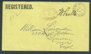 G.B. - Registered Mail 1872 Stampless Cover with "REGISTERED" printed in the top left corner, addres