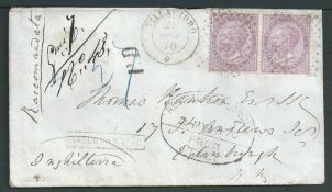 G.B. - London 1870 Registered Cover from Villacidro, Italy to Edinburgh, franked by 1863-65 60c pair