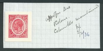 Saint Lucia 1936 1 1/2d Postal Stationery envelope die proof affixed to small piece, annotated "Appr