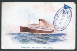 South Africa 1915 Stampless picture postcard (minor creasing) of a "Hall Line" ship written whilst o