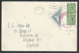 Tristan Da Cunha 1929 Cover to London unusually franked by G.B. 1/2d pair and South Africa 1926 4d t