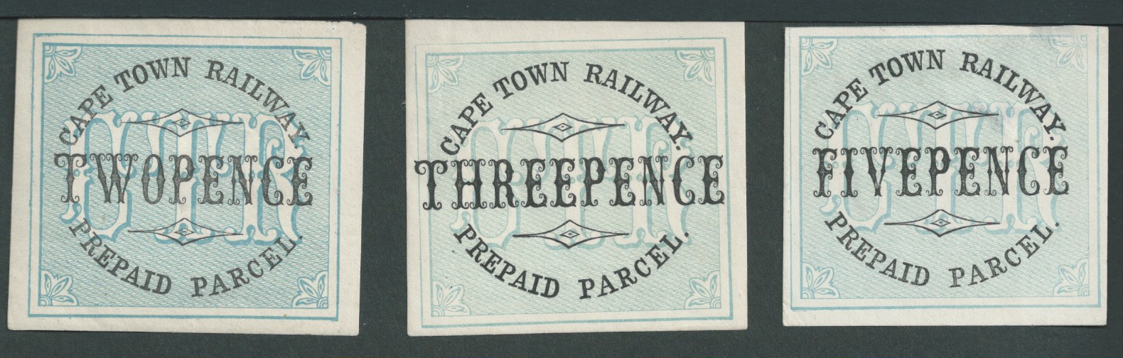 Cape of Good Hope 1868-73 Cape Town Railway - imperforate min Prepaid Parcel Labels in values of ...