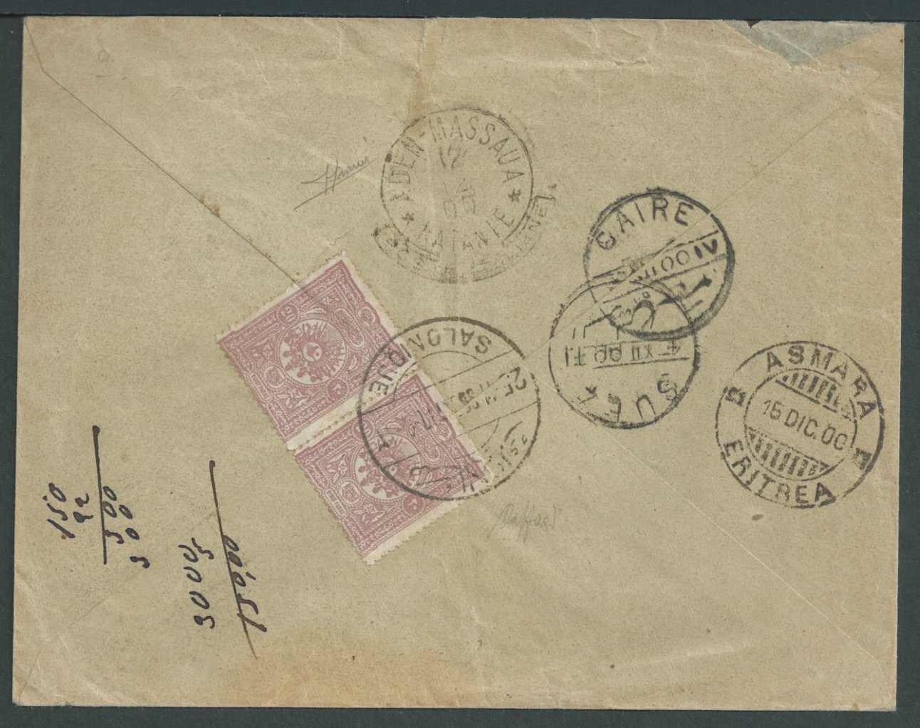 Aden / Eritrea / Levant 1900.Cover from Salonica to Asmara franked Turkey 20pa pair cancelled by ...