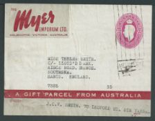 Australia 1946 King George VI 3/7d maroon Myers Emporium Food Parcel Label complete (small faults...