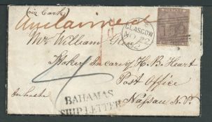 Bahamas 1862 Cover from Glasgow to Nassau franked G.B. 6d (faults) with red "1d" accountancy hand...