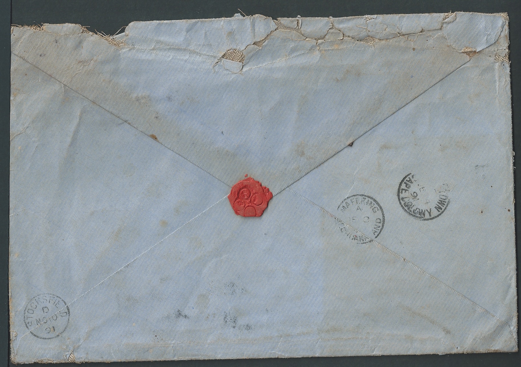 Bechuanaland / G.B. 1891 Linen envelope (tear) posted from Newcastle franked by Jubilee issues 1.... - Image 2 of 2