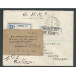 Antigua 1913 Stampless O.H.M.S. cover from the G.P.O. to England with black "OFFICIAL PAID / ANTI...
