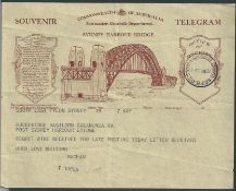 Australia 1932 Sydney Harbour Bridge souvenir telegram with S.E. Pylon c.d.s. (Mar 1) and the souven