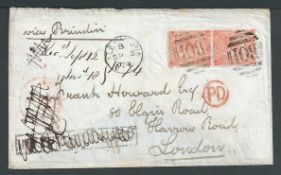Egypt / G.B. Used Abroad 1874 Cover from Alexandria to London with GB 4d vermilion plate 13 vertical