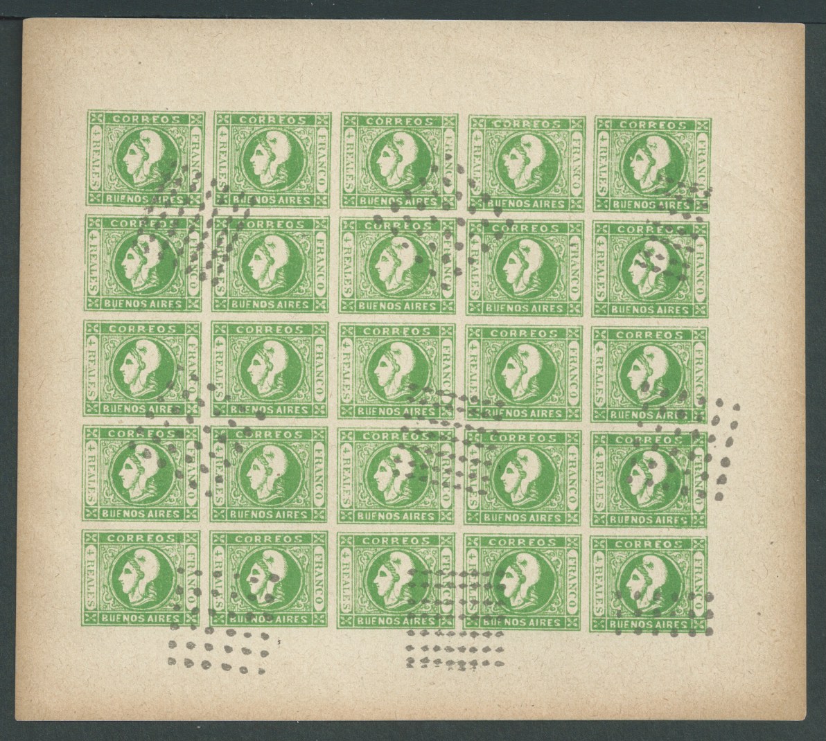 Argentina 1859 Argentina 1859 4r Green Liberty Head Spiro Forgery imperforate sheet of 25 on poor...