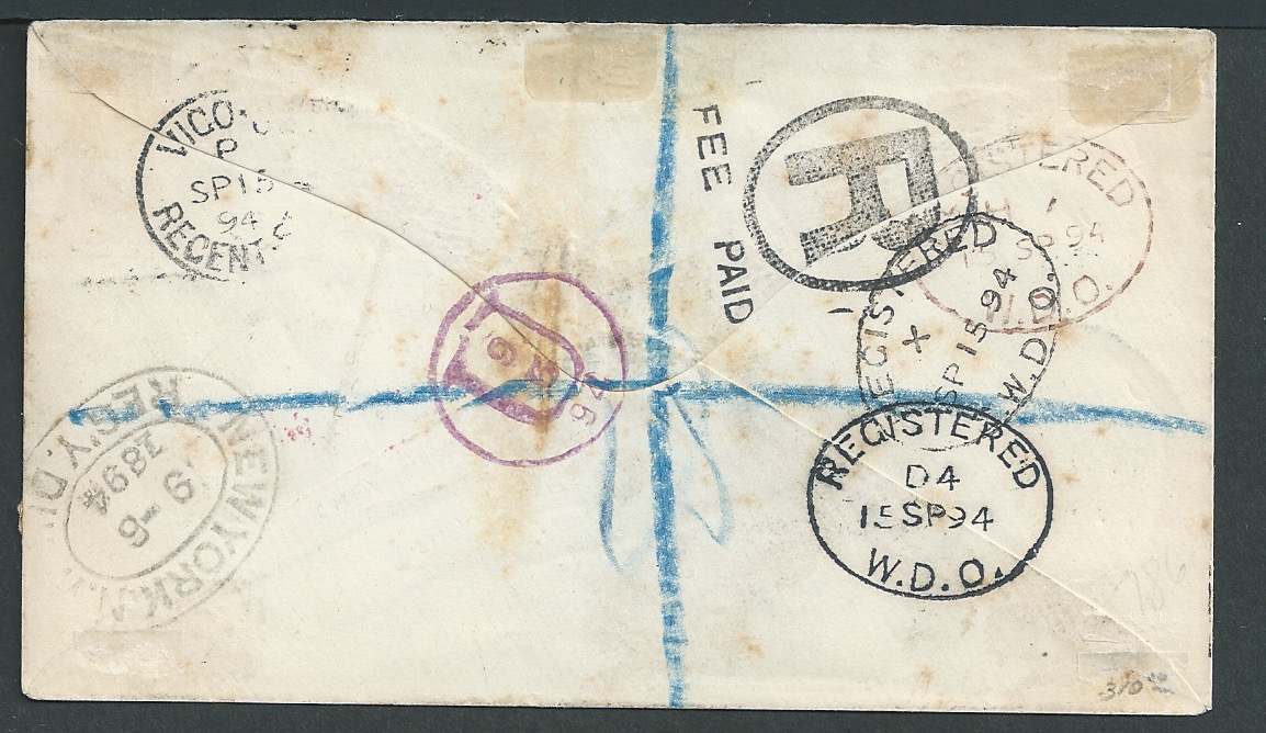 Samoa / USA 1894 Registered cover from Apia to London franked by Samoa 1886-94 1/2d and 2.1/2d pair - Image 2 of 3