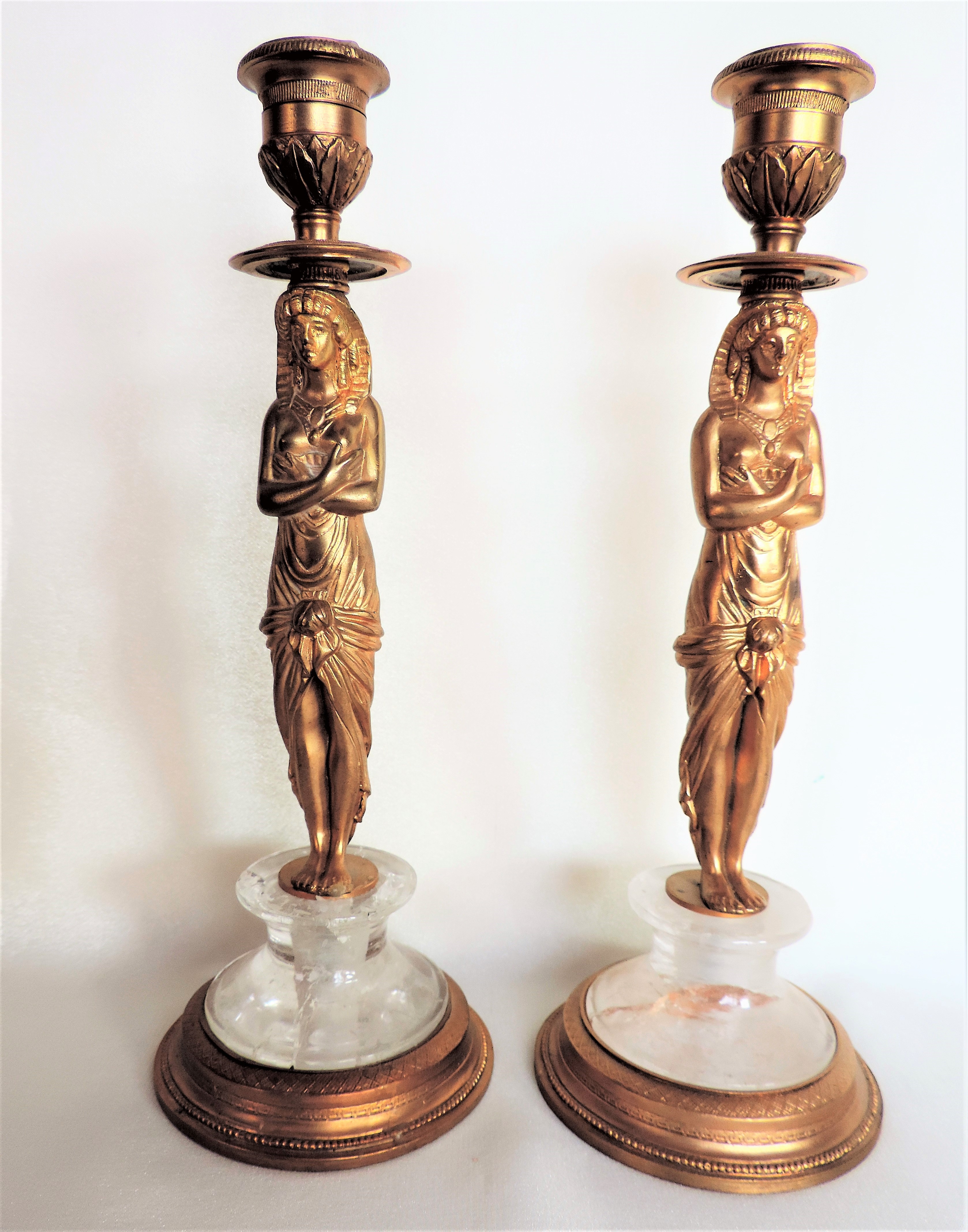 Pair Antique Gilt Egyptian Revival Candlesticks