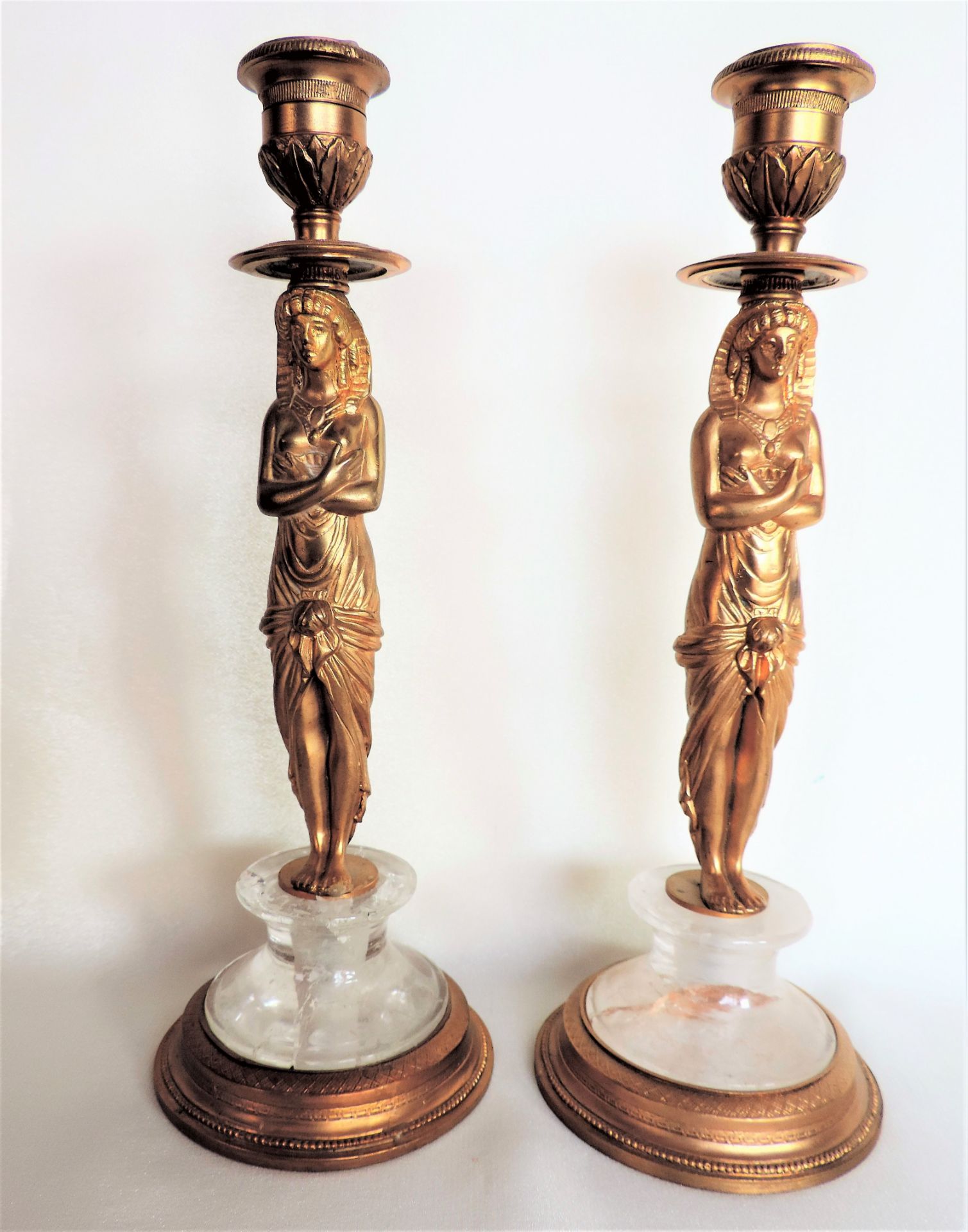 Pair Antique Gilt Egyptian Revival Candlesticks