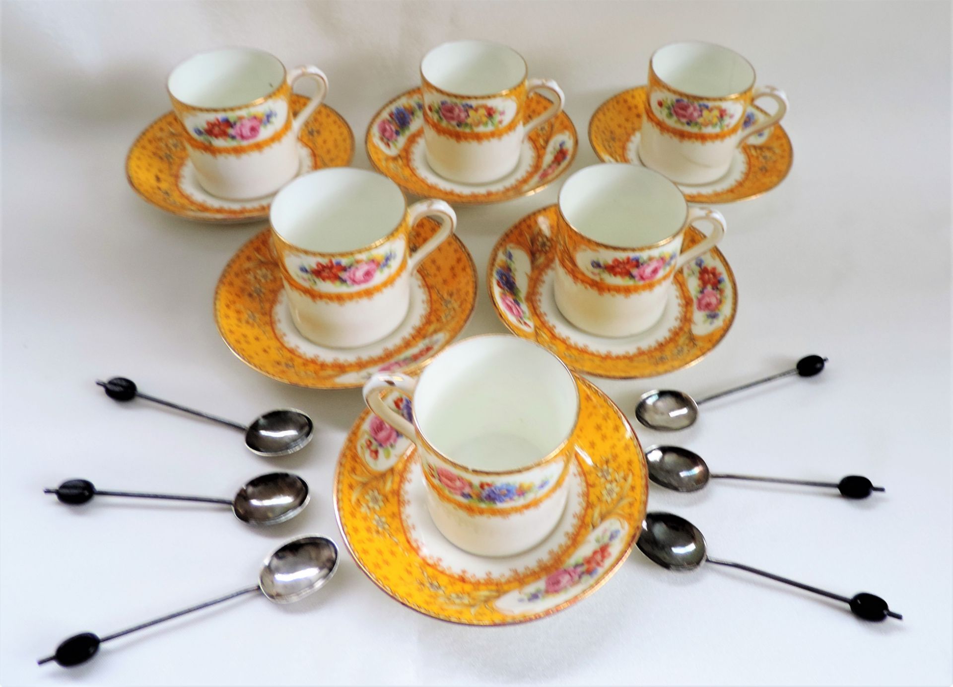 Antique Art Deco Porcelain Coffee Set & Silver Spoons