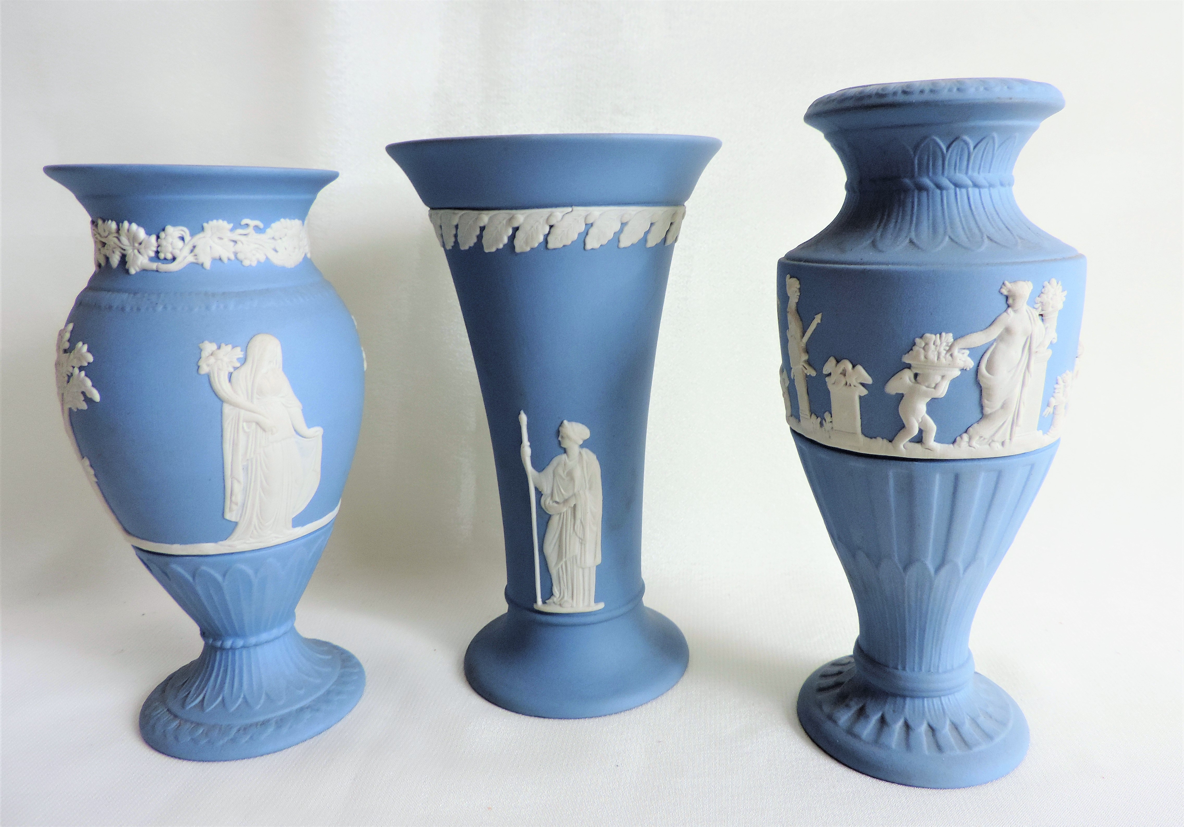 Trio of Wedgwood Blue Jasperware Vases