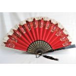 Large Antique Red Silk Hand Fan