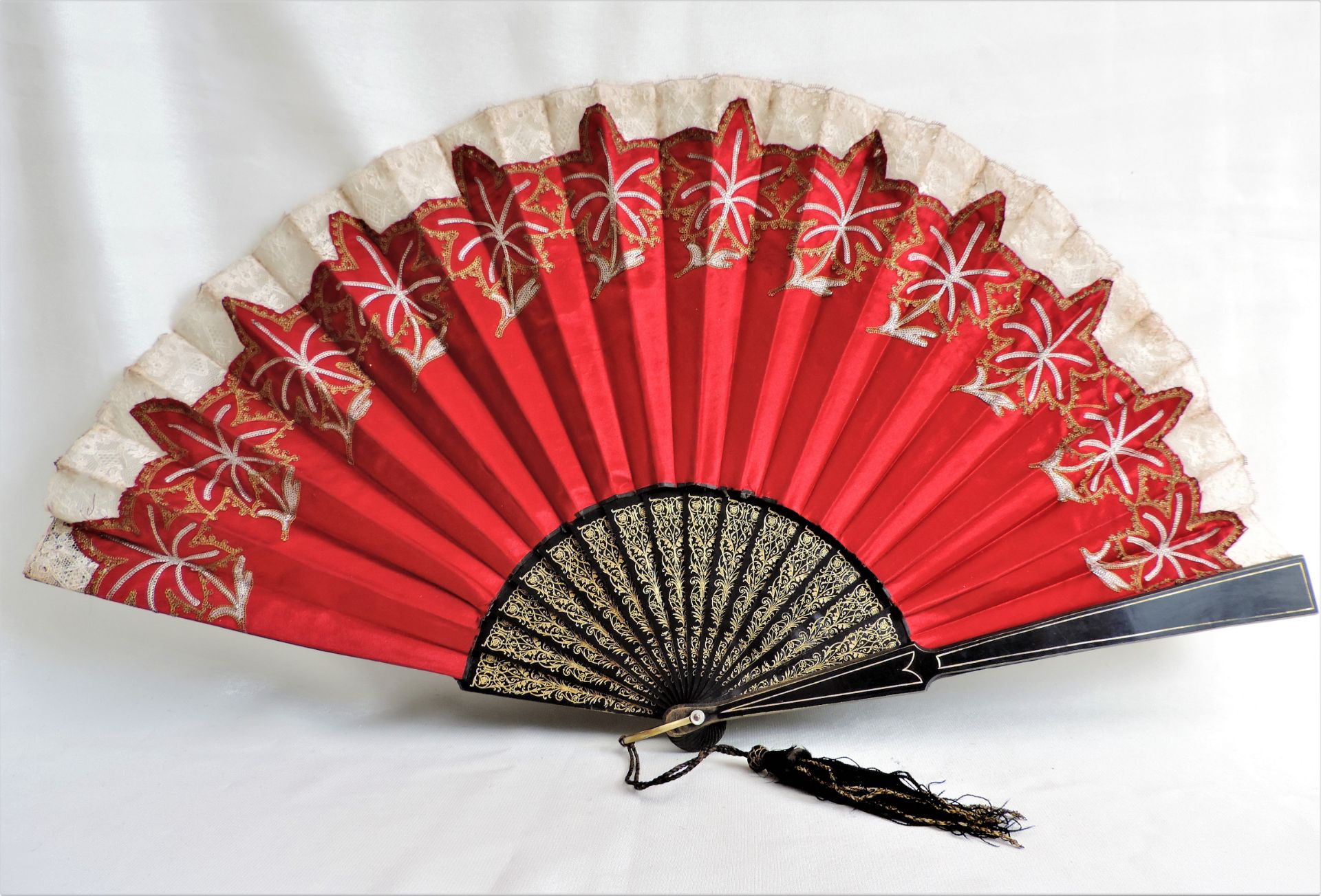 Large Antique Red Silk Hand Fan