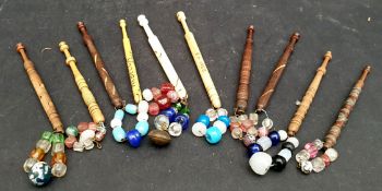 Antique Vintage 10 x Lace Bobbins With Glass Weights Includes Bone Bobbin