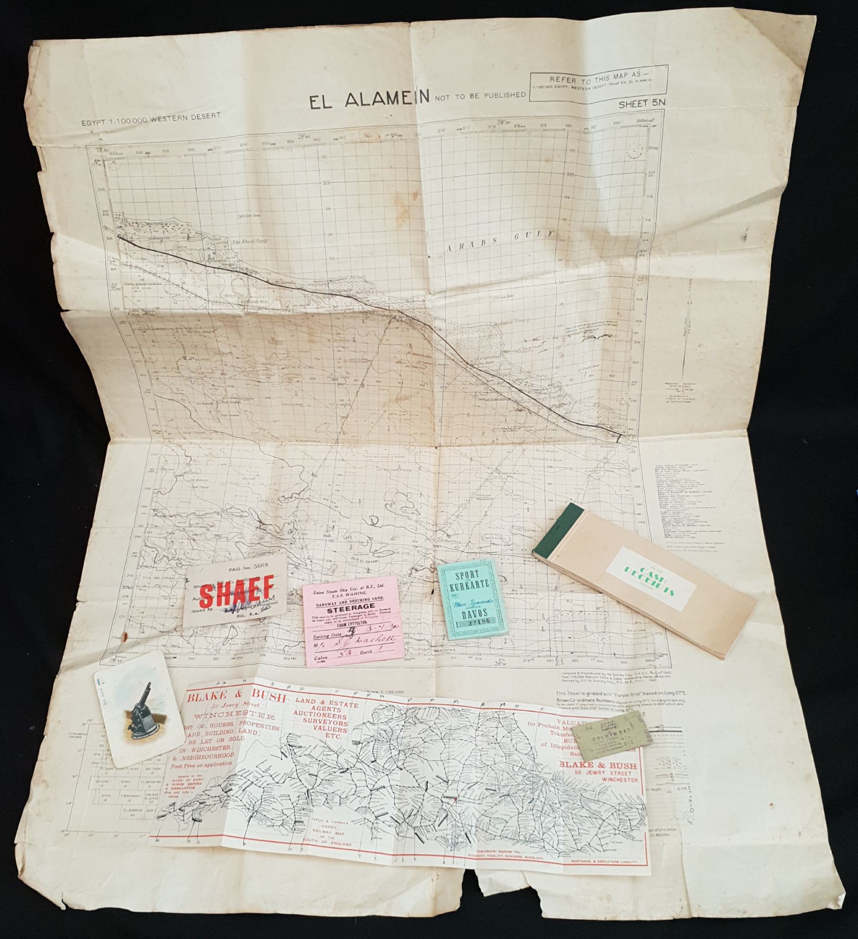 Antique WWII SHAEF Pass RENE Military El Alamein Map 1942 & Other Ephemera