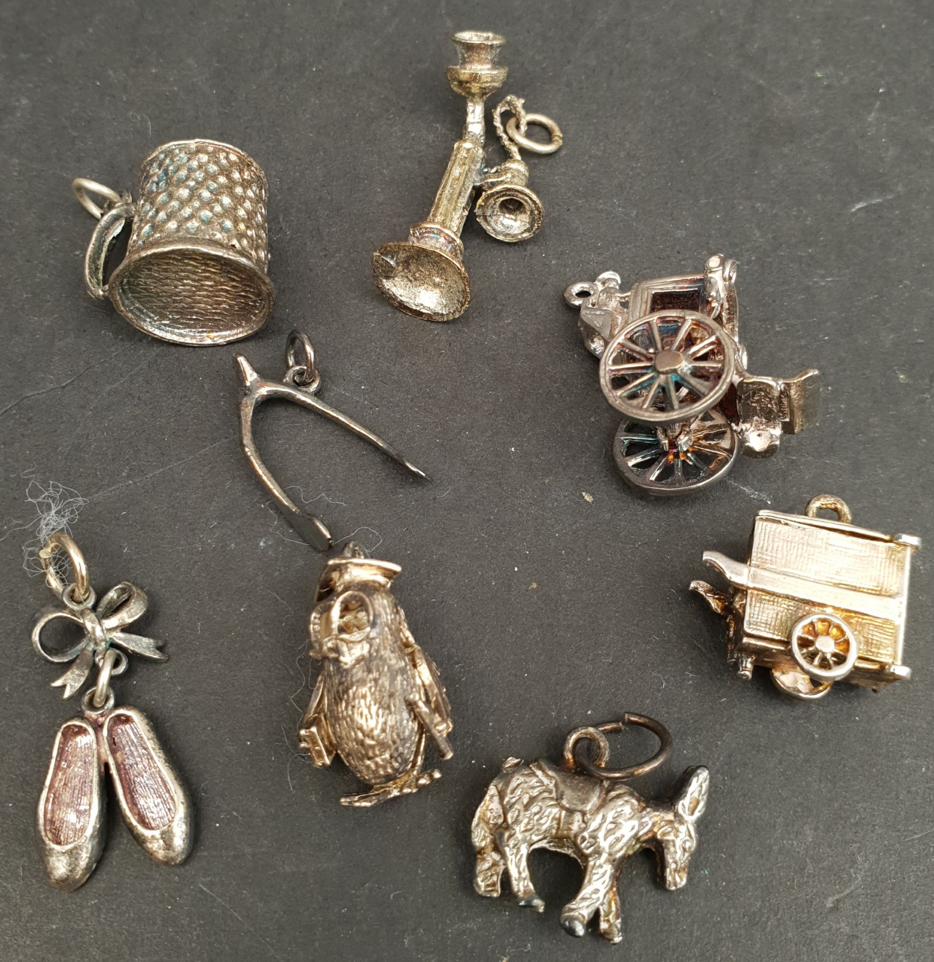 Vintage Parcel of 8 Silver Charms Includes Donkey Owl Ballet Shoes etc.