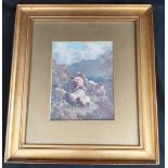 Antique Gilt Framed Print of Sheep on A Hillside.