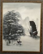 Vintage Framed Art Oil on Canvas Naval Scene Chinese Junk