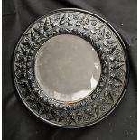Antiques Circular Black Framed Bevelled Mirror Heavily Carved