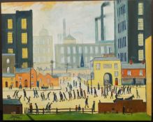 Vintage Art Painting Oil On Canvas After L. S. Lowry Coming From The Mill.