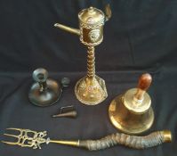 Antiques Arts & Crafts Style Brass & Copper Oil Lamp School Bell Horn Handled Toasting Fork
