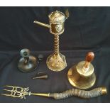 Antiques Arts & Crafts Style Brass & Copper Oil Lamp School Bell Horn Handled Toasting Fork