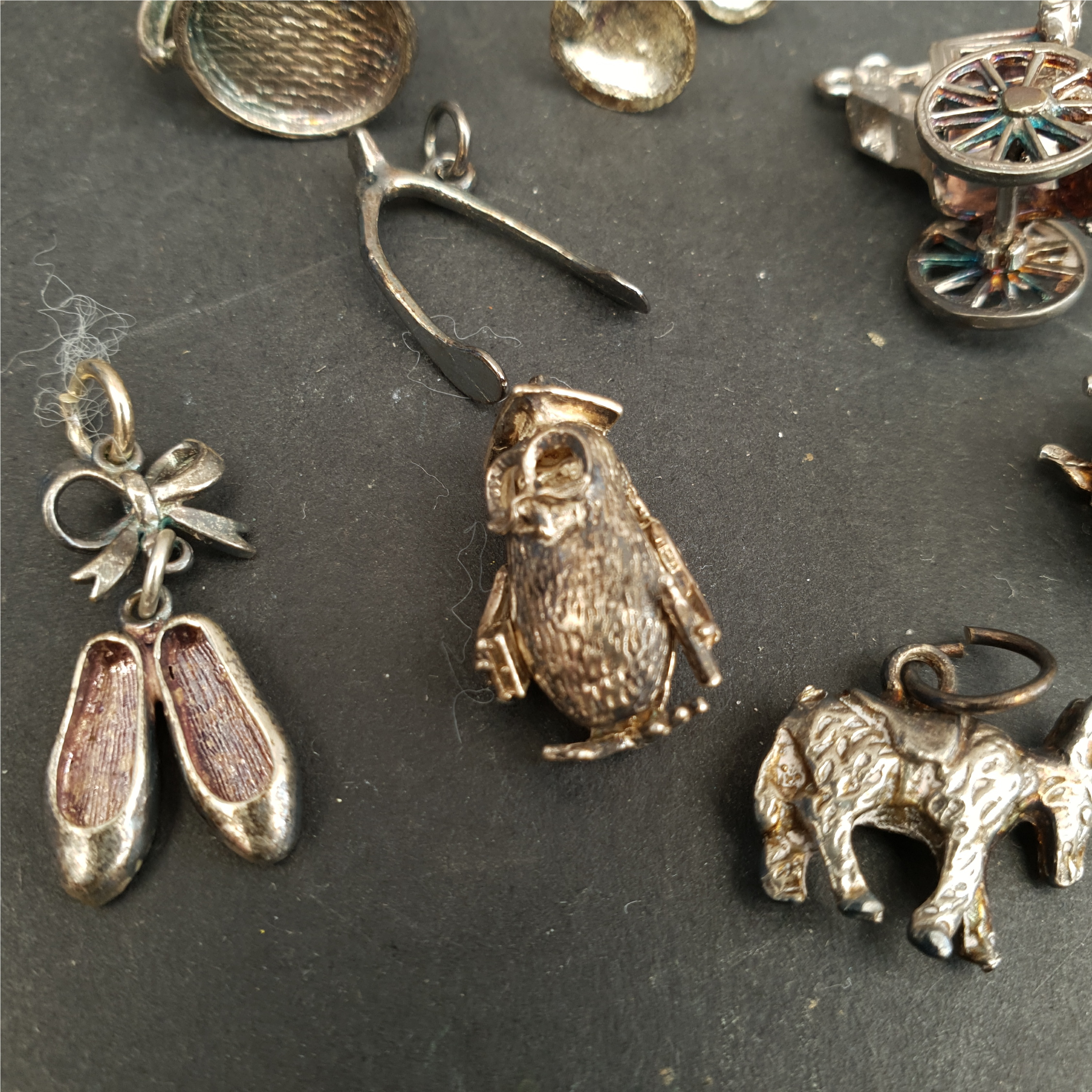 Vintage Parcel of 8 Silver Charms Includes Donkey Owl Ballet Shoes etc. - Image 2 of 2