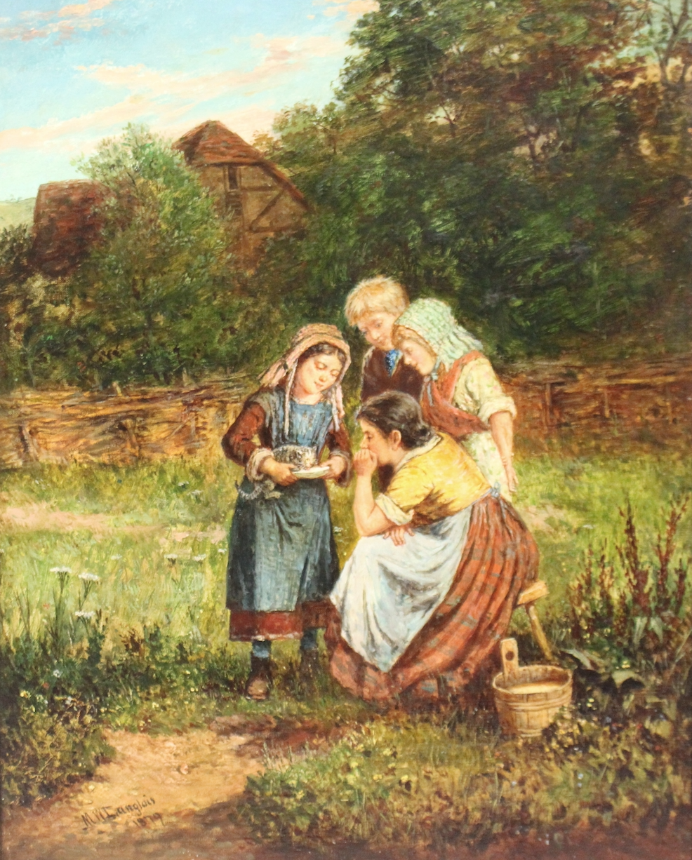Feeding the Kitten by Mark William Langlois (British, 1848-1924) Oil on Canvas - Image 2 of 8