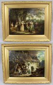 Pair of Early 19th c. Country Genre Scenes Oil on Canvas