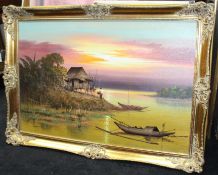 Large Oil Painting Far East Sunset Landscape Signed Set in Gilt Frame