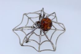 Stamped 925 Silver Natural Amber Large Spider Broach